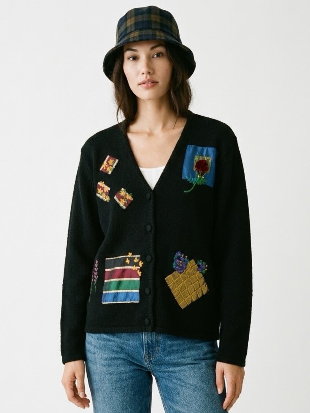 Vtg 90s Susan Bristol Hand Embroidered Floral Patchwork Cardigan Sweater Medium